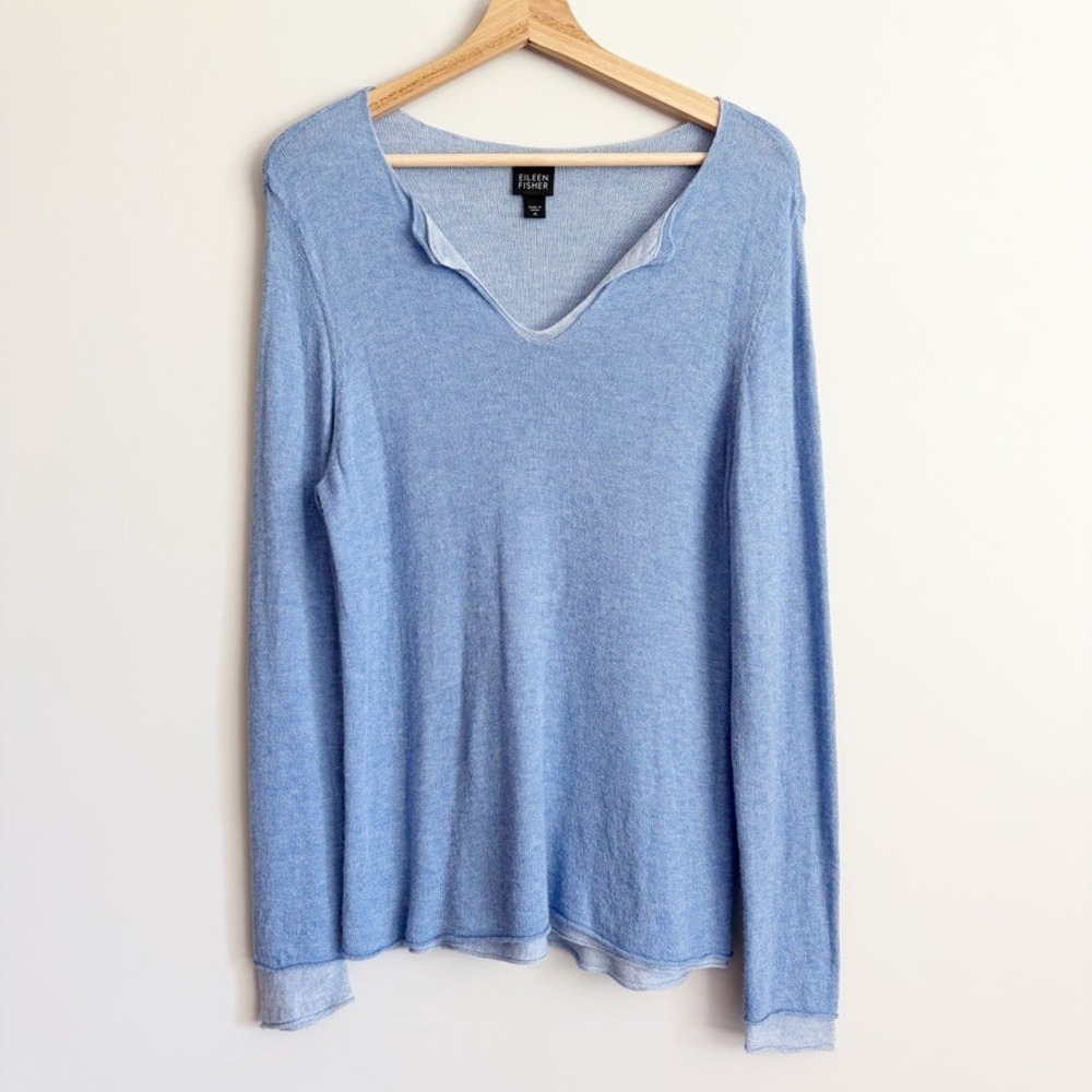 Eileen Fisher Layered Knit Sweater Wool Blend Size Medium Blue VNeck Long Sleeve